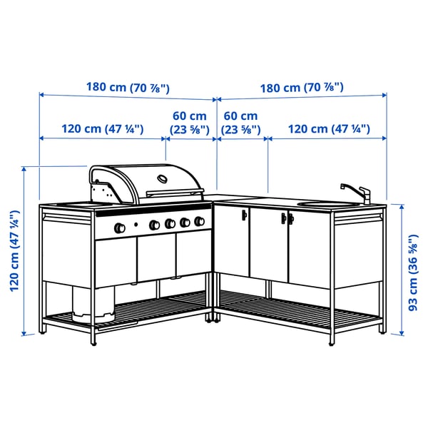 BÅTSKÄR Outdoor kitchen w gas bbq+sink unit, dark grey, 180x180 cm