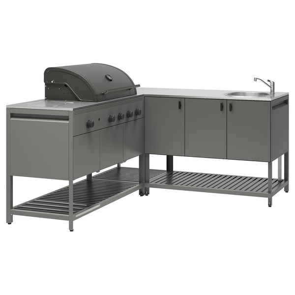BÅTSKÄR Outdoor kitchen w gas bbq+sink unit, dark grey, 180x180 cm