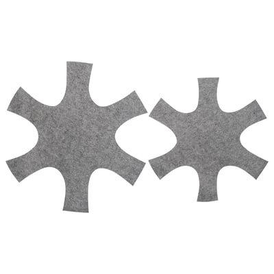 Two gray felt shapes, designed to fit together, for protecting pans.