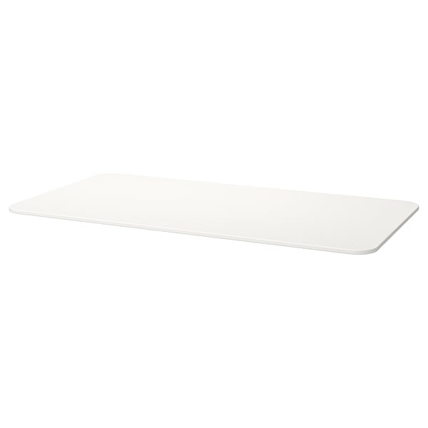 A white BEKANT table top with a rectangular shape and a smooth, rounded edge design. Its made from melamine and particleboard.