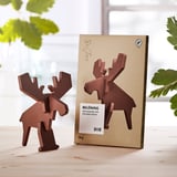 Brown chocolate moose next to box, minimalist design, ikea branding.