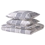 BERGKORSÖRT bedding set in grey with leaf pattern, crisp cotton-viscose blend, includes folded duvet cover and two pillows.