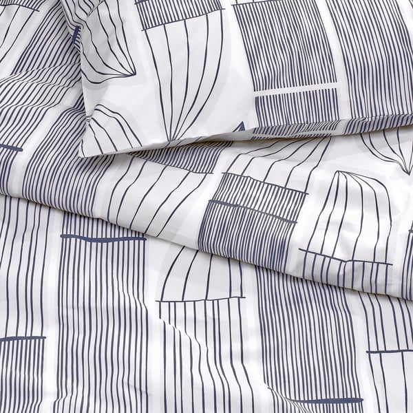 Patterned duvet cover set with abstract leaf prints, crisp percale fabric, and cool touch.