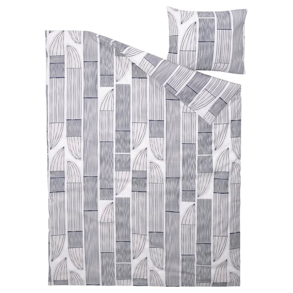 BERGKORSÖRT duvet set, white with leaf patterns, cotton-viscose blend, crisp & cool.