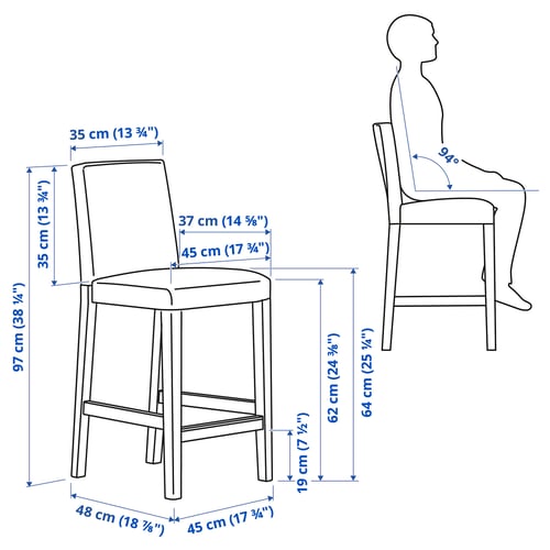 BERGMUND Bar stool with backrest, counter height black/Glose black, 62 cm