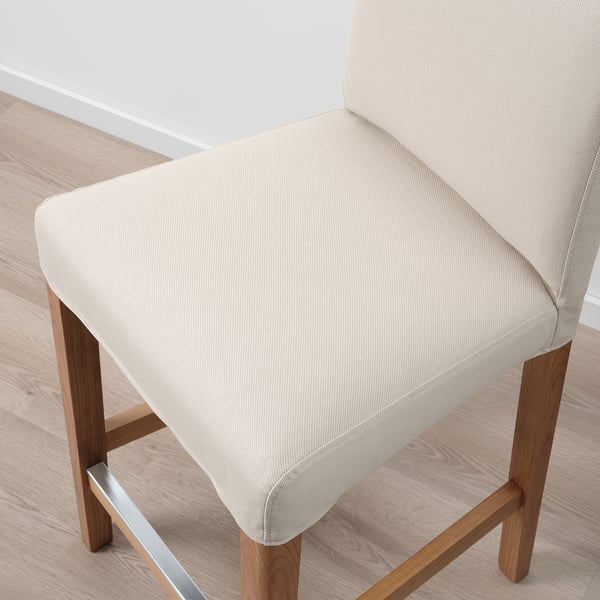 Beige barstool with wooden legs, showcasing high-quality upholstery and sturdy construction.