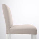 Modern beige fabric barstool with high back and white legs, designed for comfort and style.