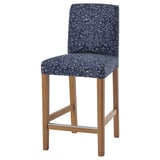 BERGMUND bar stool: dark blue floral seat, light wood legs, high back, square shape.