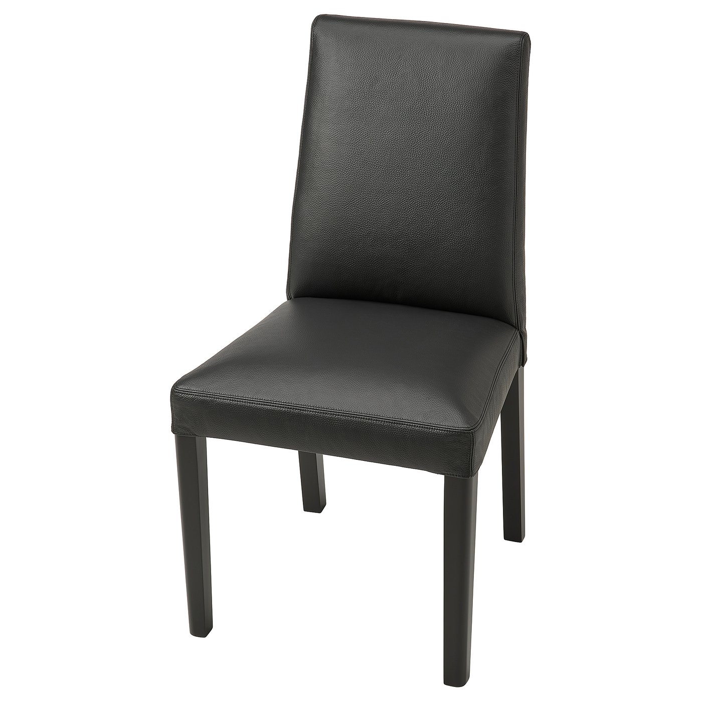 Black leather BERGMUND chair, modern design with square back and seat, four thin legs.