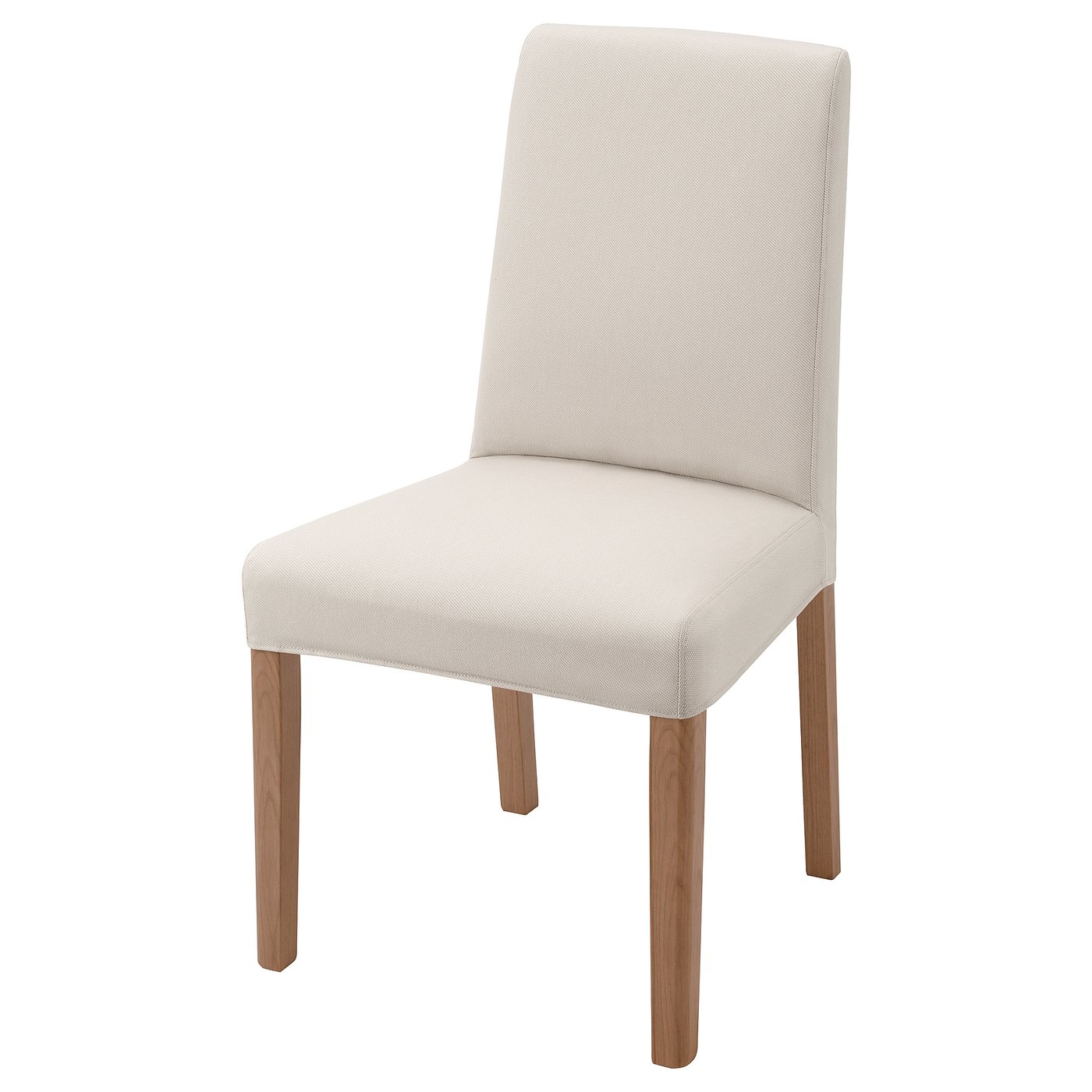 The BERGMUND chair is an off-white, upholstered dining chair with wooden legs. It a high backrest, curved edges, and a bowl-shaped seat for comfort.