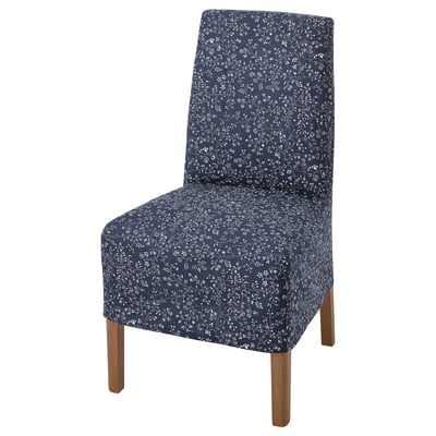 BERGMUND chair with floral navy blue cover, wooden legs, high back, and comfortable seat.