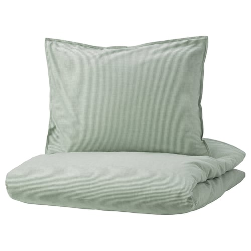 A green striped BERGPALM duvet cover set with pillows, made from soft 100% cotton.