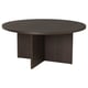 A BERGSHYTTAN dining table. Its round, black, made of wood veneer, and a simple, modern design with adjustable feet.