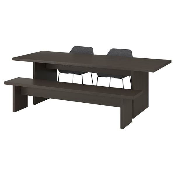 BERGSHYTTAN / TOSSBERG Table with 2 chairs and bench, dark brown ash veneer/Gunnared dark grey black, 240x93 cm
