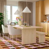 BERGSHYTTAN dining: wooden table, bench, 2 chairs, lamps, flowers, tableware, nature.