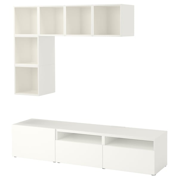 White BESTÅ storage unit: tv shelf, drawers, & cube shelves. Modern, minimalist design.