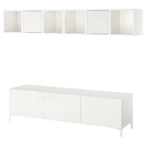 BESTÅ white modern tv stand with cabinets and shelves.