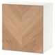 Displays a BESTÅ storage unit in white and wood, rectangular shaped, with herringbone design on the wood panel.