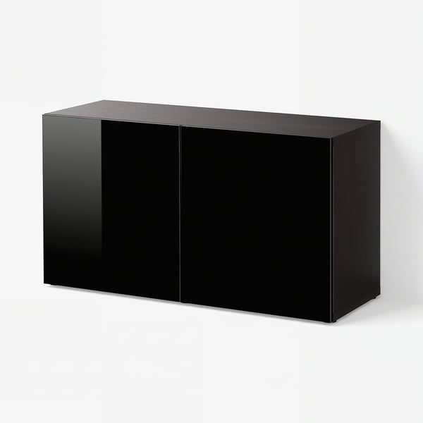 BESTÅ Shelf unit with doors, black-brown/Selsviken high-gloss/black, 120x42x64 cm