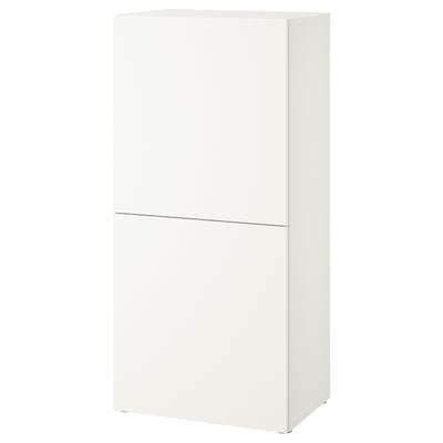 White BESTÅ cabinet, rectangular, minimalist white design, flat surfaces, two soft-closing doors.