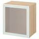 BESTÅ storage unit: light wood, frosted glass panel, square shape, modern design.