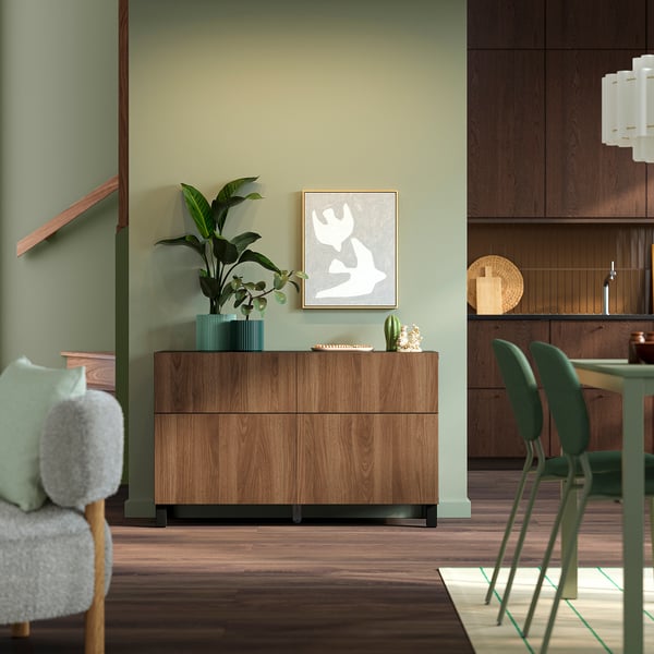 BESTÅ Storage combination w doors/drawers, black-brown/Lappviken/Stubbarp walnut effect, 120x42x74 cm
