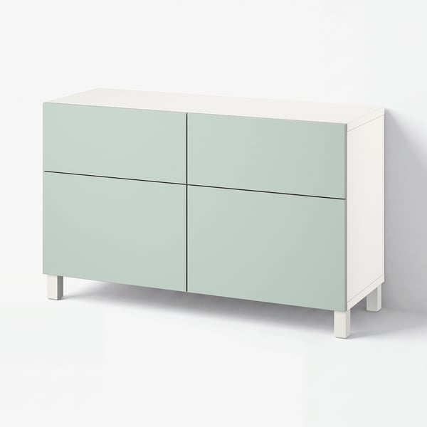 BESTÅ Storage combination w doors/drawers, white/Hjortviken/Stubbarp pale grey-green, 120x42x74 cm