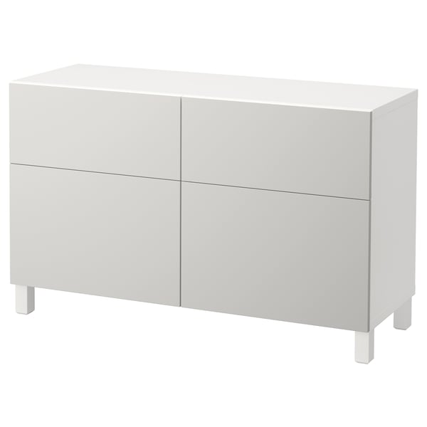 White BESTÅ sideboard, four doors, sleek rectangular design with adjustable shelves.