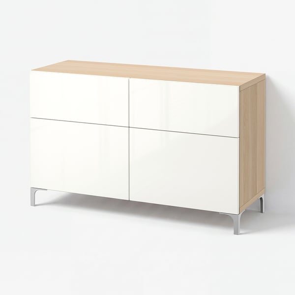 BESTÅ Storage combination w doors/drawers, white stained oak effect/Selsviken high-gloss/white, 120x42x74 cm
