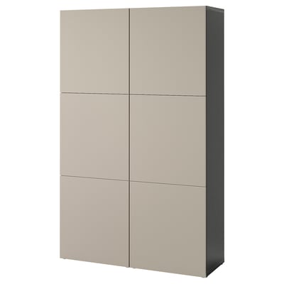 Modern beige BESTÅ storage cabinet with four doors, rectangular shape. Adjustable shelves, soft-closing/push-open doors.