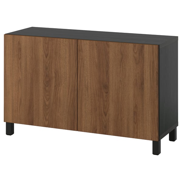 BESTÅ Storage combination with doors, black-brown/Lappviken/Stubbarp walnut effect, 120x42x74 cm