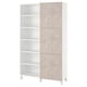 Modern BESTÅ cabinet in white with marble-patterned doors; tall rectangular shape with open and closed storage.