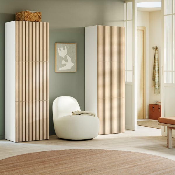 BESTÅ Storage combination with doors, white/Björköviken ash veneer, 120x42x193 cm