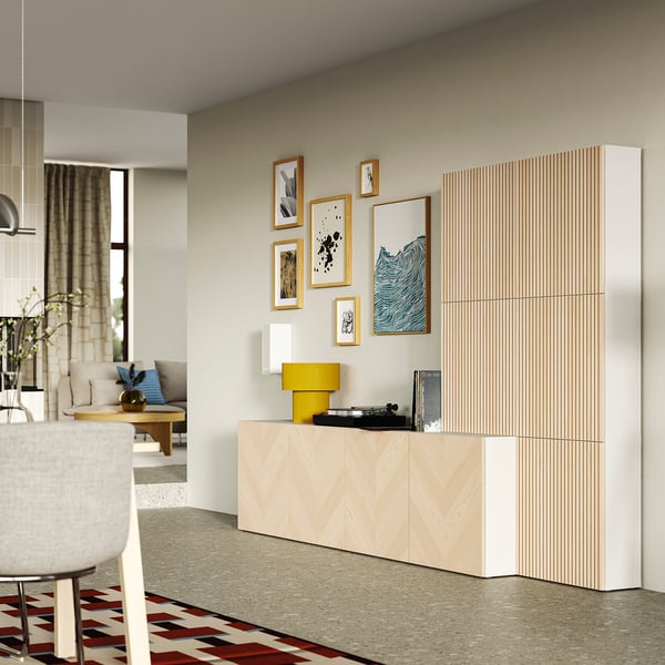 BESTÅ Storage combination with doors, white Hedeviken/Björköviken ash veneer, 300x42x193 cm