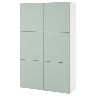A light green BESTÅ storage unit with six doors, a modern, rectangular shape, and a minimalist design.