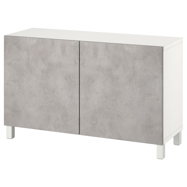 White ikea BESTÅ sideboard with gray textured doors, 2 adjustable shelves.