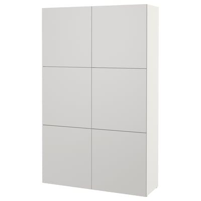 A white BESTÅ storage unit with six doors, a modern minimalist design, and clean lines. It is rectangular and made of particleboard and fibreboard.