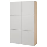 Modern white bookcase, rectangular, six compartments, wooden sides.
