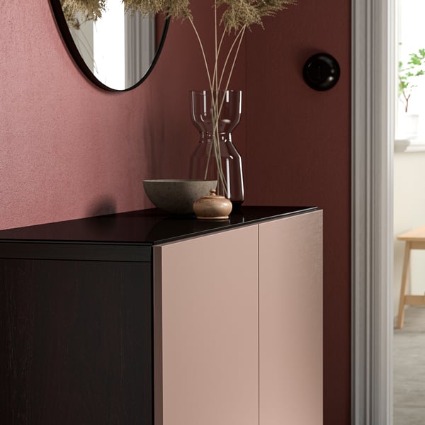 Top panel of BESTÅ unit, black glass. Decorates cabinet, smaller than door, durable.