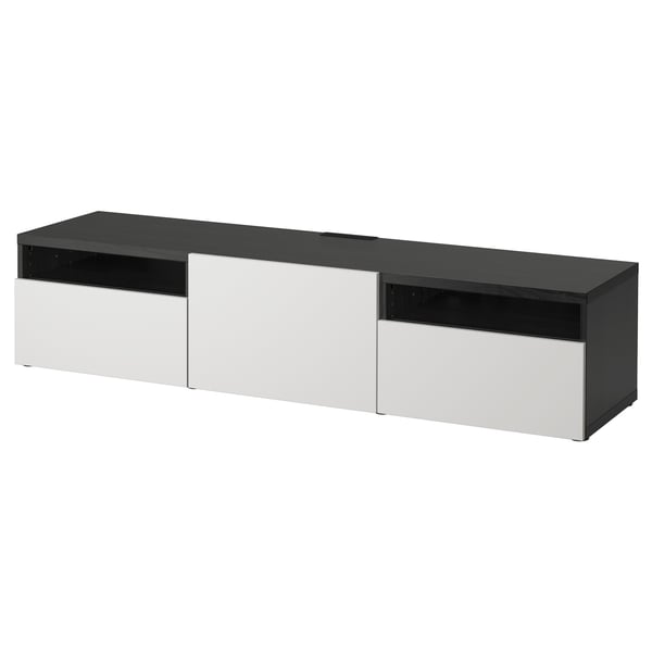 Displays a sleek black and white BESTÅ tv bench from ikea. It modern design with two drawers and cable management solutions.