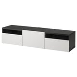 Displays a sleek black and white BESTÅ tv bench from ikea. It modern design with two drawers and cable management solutions.