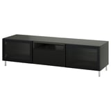 Modern black BESTÅ tv stand, rectangular with glass doors and drawers, sleek metal legs.