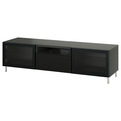 Modern black BESTÅ tv stand, rectangular with glass doors and drawers, sleek metal legs.