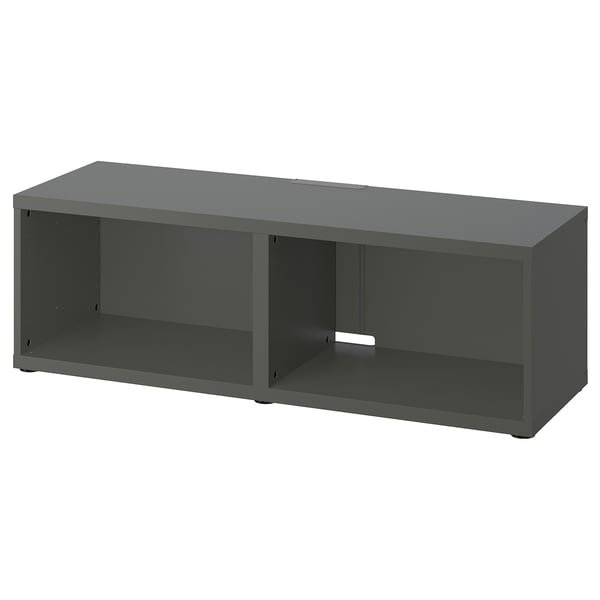 Gray BESTÅ tv bench with minimalist design, open storage compartments, and adjustable feet.