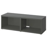 Gray BESTÅ tv bench with minimalist design, open storage compartments, and adjustable feet.