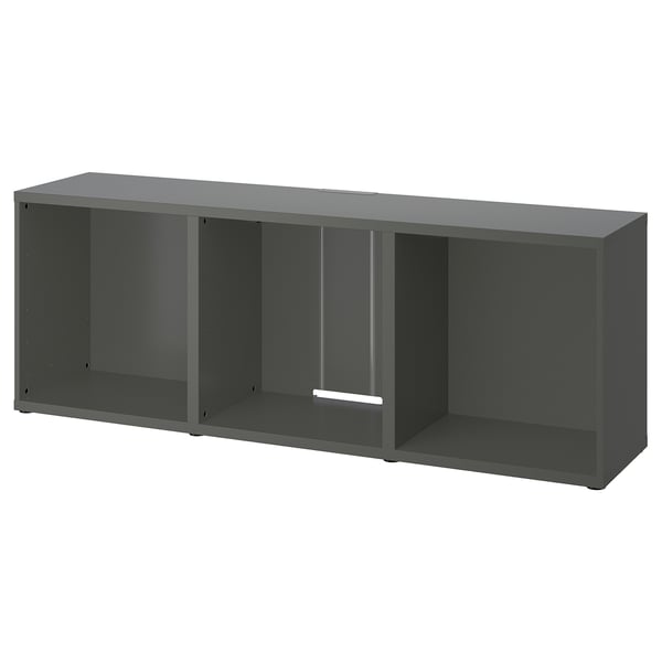 Gray BESTÅ tv bench, rectangular, open shelves, sturdy design.