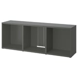 Gray BESTÅ tv bench, rectangular, open shelves, sturdy design.