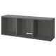 Gray BESTÅ tv bench, rectangular, open shelves, sturdy design.