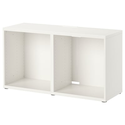 White BESTÅ storage unit, modern minimalist design with open compartments, adjustable feet.