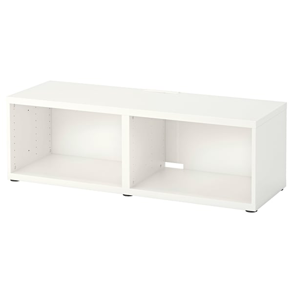 A white BESTÅ tv bench with open compartments, perfect for storage and display.